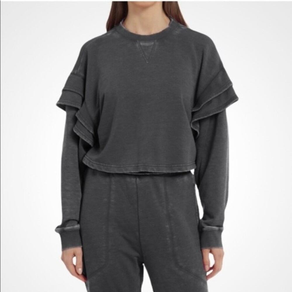 7 For All Mankind Oversized Cropped Sweatshirt Sweater Ruffled Charcoal Grey S